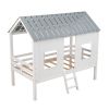 Twin Size Low Loft House Bed with Roof and Two Front Windows