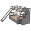 Twin over Full Bunk Bed with Drawers,Storage and Slide, Multifunction, Gray