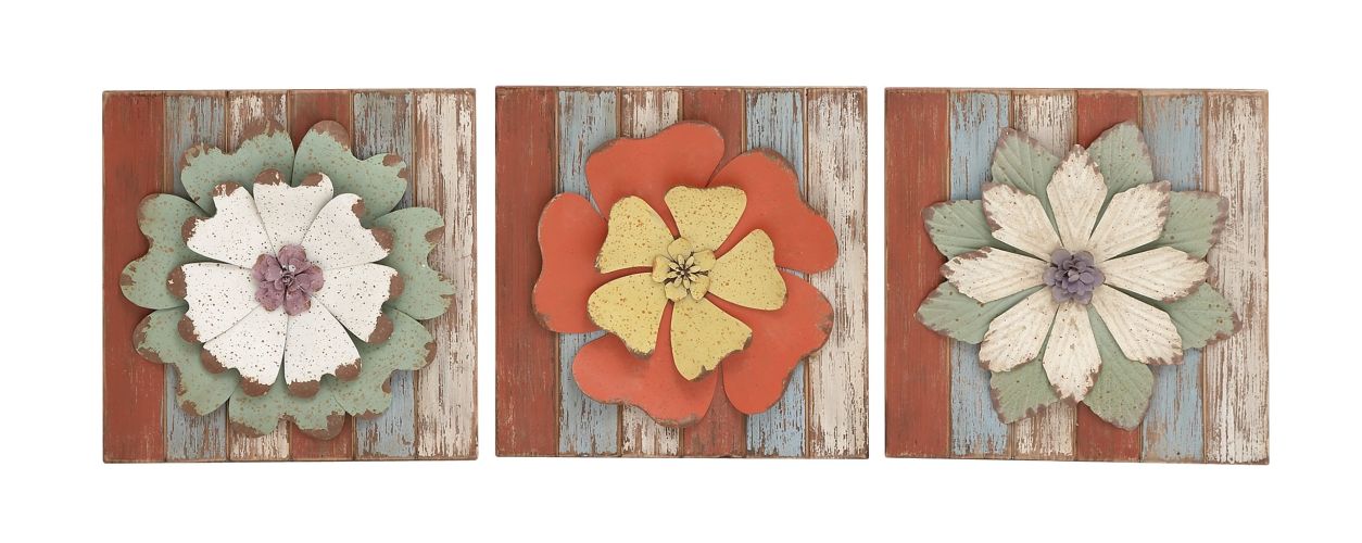 Antique styled floral wood metal wall decor 3 assorted