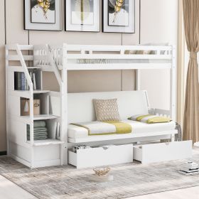 Twin over Full Bunk Bed with Two Drawers and Staircase;  Down Bed can be Converted into Daybed (Color: White)