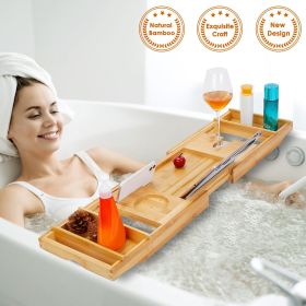 Bathtub Caddy Tray Crafted Bamboo Bath Tray Table Extendable Reading Rack Tablet Phone Holder (Color: Bamboo)