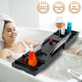 Bathtub Caddy Tray Crafted Bamboo Bath Tray Table Extendable Reading Rack Tablet Phone Holder (Color: Black)