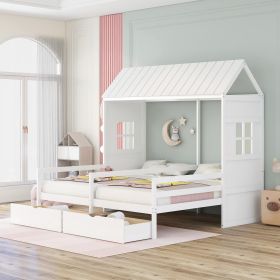 Twin Twin House Bed with 2 Drawers, White (Color: White)