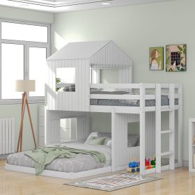 Wooden Twin Over Full Bunk Bed, Loft Bed with Playhouse, Farmhouse, Ladder and Guardrails (Color: White)