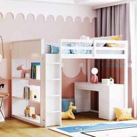 Full Size Loft Bed with Ladder, Shelves, and Desk (Color: White)