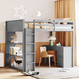 Full Size Loft Bed with Ladder, Shelves, and Desk (Color: Gray)