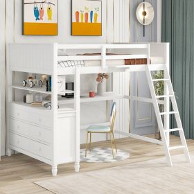 Full size Loft Bed with Drawers and Desk;  Wooden Loft Bed with Shelves (Color: White)