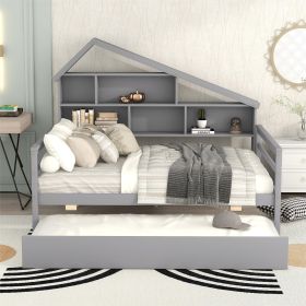 Full Size Platform Bed with Trundle and Shelves (Color: Gray)