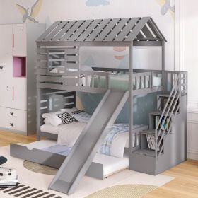 Twin over Twin House Bunk Bed with Trundle and Slide ; Storage Staircase; Roof and Window Design (Color: Gray)