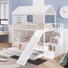 Twin over Twin House Bunk Bed with Trundle and Slide ; Storage Staircase; Roof and Window Design