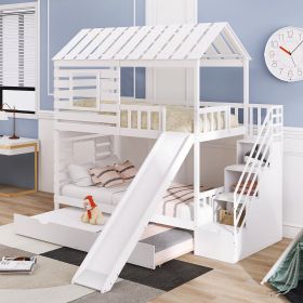 Twin over Twin House Bunk Bed with Trundle and Slide ; Storage Staircase; Roof and Window Design (Color: White)