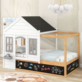 Twin Size House Shaped Canopy Bed with Black Roof and White Window; Blackboard and Little Shelf; (Color: White)