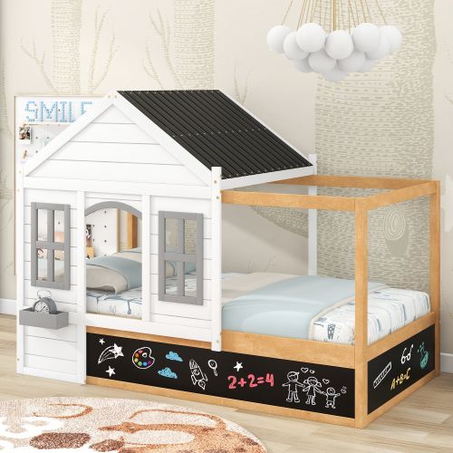 Twin Size House Shaped Canopy Bed with Black Roof and White Window; Blackboard and Little Shelf;