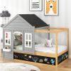Twin Size House Shaped Canopy Bed with Black Roof and White Window; Blackboard and Little Shelf;