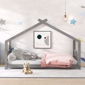 Twin Size House Bed Wood Bed (Color: Gray)