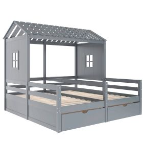 Twin Size House Platform Beds with Two Drawers for Boy and Girl Shared Beds, Combination of 2 Side by Side Twin Size Beds (Color: Gray)
