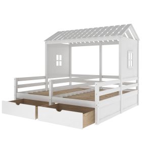 Twin Size House Platform Beds with Two Drawers for Boy and Girl Shared Beds, Combination of 2 Side by Side Twin Size Beds (Color: White)