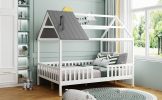 Full Size Wood House Bed with Fence