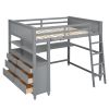 Full size Loft Bed with Drawers and Desk;  Wooden Loft Bed with Shelves