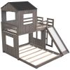 Wooden Twin Over Full Bunk Bed, Loft Bed with Playhouse, Farmhouse, Ladder, Slide and Guardrails