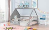Full Size Wood House Bed with Window and Fence