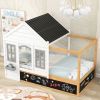Twin Size House Shaped Canopy Bed with Black Roof and White Window; Blackboard and Little Shelf;