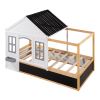 Twin Size House Shaped Canopy Bed with Black Roof and White Window; Blackboard and Little Shelf;