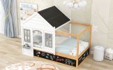 Twin Size House Shaped Canopy Bed with Black Roof and White Window; Blackboard and Little Shelf;