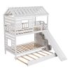 Twin over Twin House Bunk Bed with Trundle and Slide ; Storage Staircase; Roof and Window Design