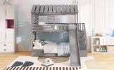 Twin over Twin House Bunk Bed with Trundle and Slide ; Storage Staircase; Roof and Window Design