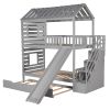 Twin over Twin House Bunk Bed with Trundle and Slide ; Storage Staircase; Roof and Window Design