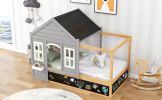 Twin Size House Shaped Canopy Bed with Black Roof and White Window; Blackboard and Little Shelf;