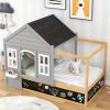 Twin Size House Shaped Canopy Bed with Black Roof and White Window; Blackboard and Little Shelf;