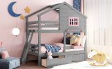 Twin over Twin Bunk Bed with 2 Drawers;  1 Storage Box;  1 Shelf;  Window and Roof