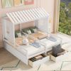Twin Size House Platform Beds with Two Drawers for Boy and Girl Shared Beds, Combination of 2 Side by Side Twin Size Beds