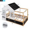 Twin Size House Shaped Canopy Bed with Black Roof and White Window; Blackboard and Little Shelf;