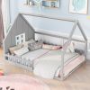 Full Size Wood House Bed with Window and Fence