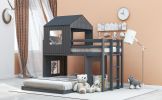 Wooden Twin Over Full Bunk Bed, Loft Bed with Playhouse, Farmhouse, Ladder and Guardrails