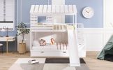 Twin over Twin House Bunk Bed with Trundle and Slide ; Storage Staircase; Roof and Window Design