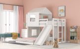 Wooden Twin Over Full Bunk Bed, Loft Bed with Playhouse, Farmhouse, Ladder, Slide and Guardrails