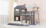 Wooden Twin Over Full Bunk Bed, Loft Bed with Playhouse, Farmhouse, Ladder and Guardrails