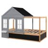 Twin Size House Shaped Canopy Bed with Black Roof and White Window; Blackboard and Little Shelf;