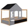 Twin Size House Shaped Canopy Bed with Black Roof and White Window; Blackboard and Little Shelf;