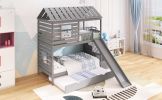 Twin over Twin House Bunk Bed with Trundle and Slide ; Storage Staircase; Roof and Window Design