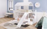 Twin over Twin House Bunk Bed with Trundle and Slide ; Storage Staircase; Roof and Window Design