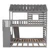Twin over Twin House Bunk Bed with Trundle and Slide ; Storage Staircase; Roof and Window Design