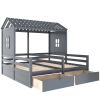 Twin Size House Platform Beds with Two Drawers for Boy and Girl Shared Beds, Combination of 2 Side by Side Twin Size Beds