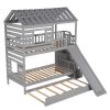 Twin over Twin House Bunk Bed with Trundle and Slide ; Storage Staircase; Roof and Window Design