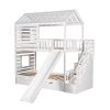 Twin over Twin House Bunk Bed with Trundle and Slide ; Storage Staircase; Roof and Window Design