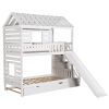 Twin over Twin House Bunk Bed with Trundle and Slide ; Storage Staircase; Roof and Window Design